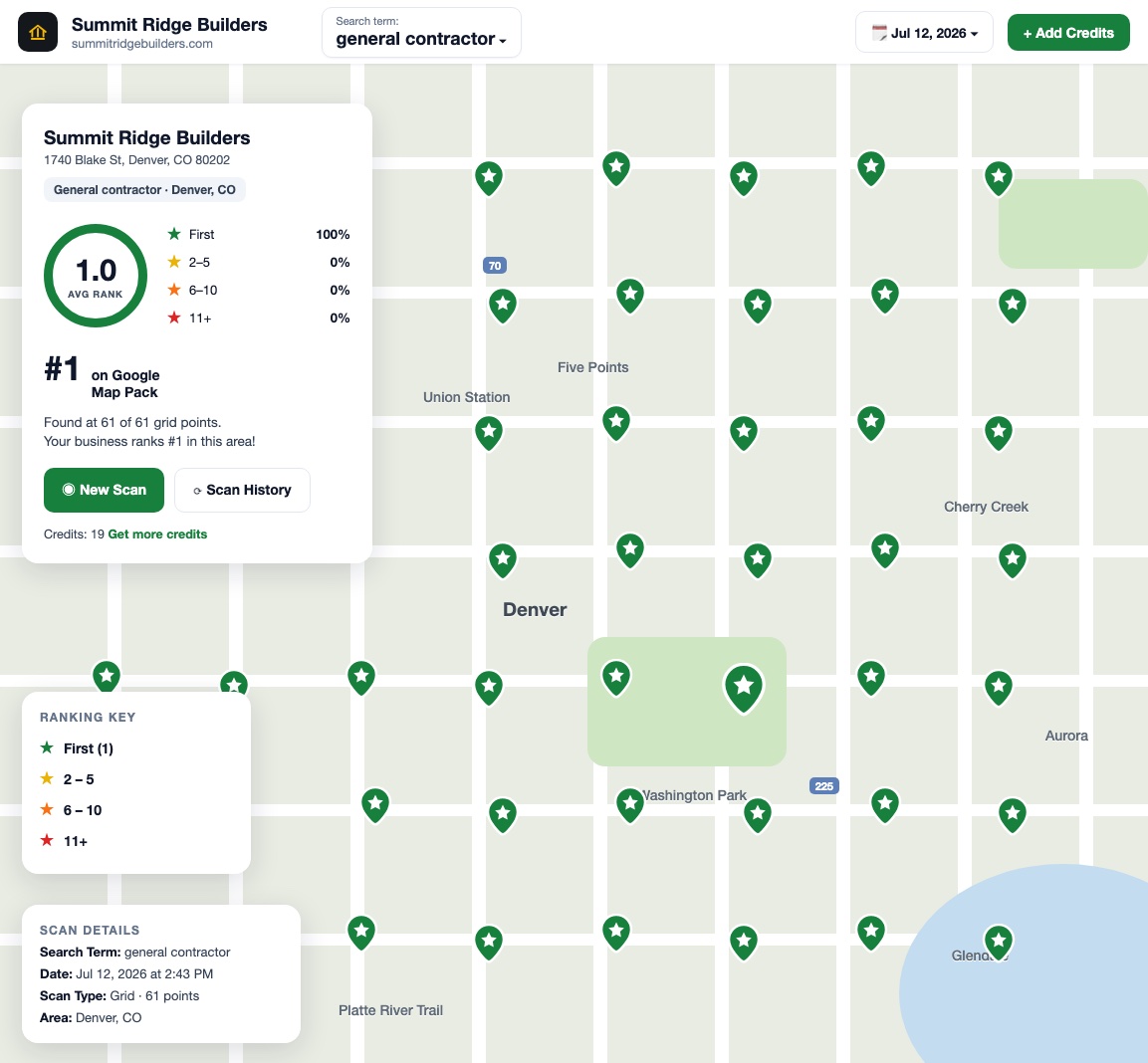 Rankchat map rank scan for an example contractor — #1 across 61 grid points in Denver